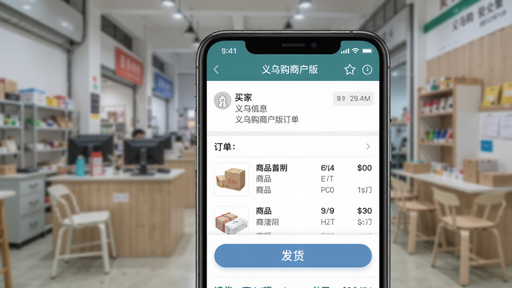 义乌购商户版订单处理界面,手机屏幕展示订单详情,包含买家信息、商品明细、发货按钮,背景虚化处理,突出手机界面,画质干净,无多余元素