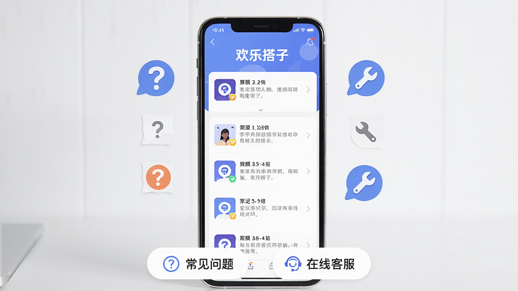 画面主体为一部手机竖立在桌面上,屏幕显示“欢乐搭子”应用的使用教程界面,周围有问号图标和扳手图标。背景为浅灰色与白色渐变,布局采用中心构图,手机下方有“常见问题”和“在线客服”两个选项。风格为写实与扁平结合,细节包括手机屏幕上的操作步骤列表。画质干净清晰,无多余元素。