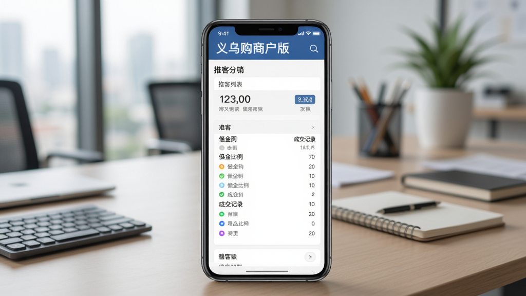 义乌购商户版推客分销页面,展示推客列表、佣金比例、成交记录,手机界面数据清晰,背景为办公桌场景,风格商务,画质高清,无多余元素