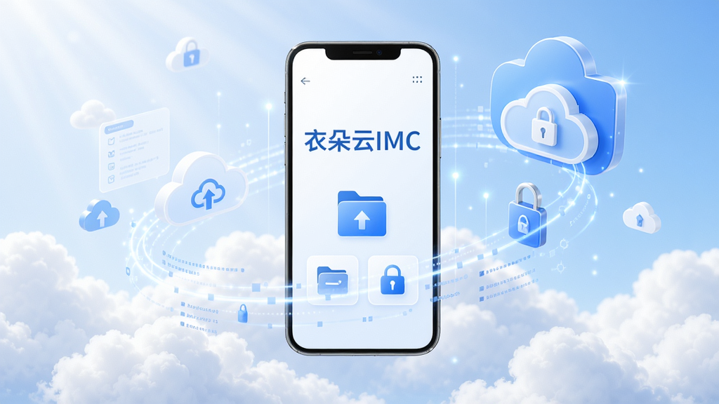 画面主体为衣朵云IMC软件的品牌形象展示,一个悬浮在明亮云端之上的智能手机界面,屏幕上清晰显示“衣朵云IMC”字样及简洁的文件图标。布局采用中心构图,手机界面占据视觉中心,周围环绕柔和的光效和抽象的数据流线条。排版风格现代简约,突出科技感与专业感。整体风格明亮通透,以白色和品牌蓝色为主色调,细节之处展现云同步与数据安全的视觉隐喻。画质高清,干净无多余元素。