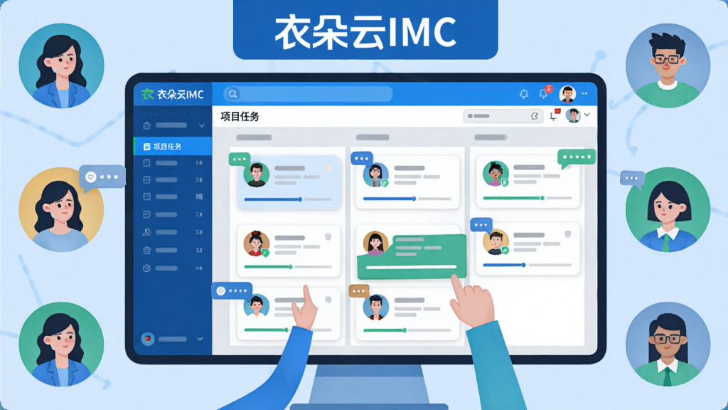 画面主体展示衣朵云IMC软件的团队协作界面,一个虚拟会议室场景,屏幕中央显示项目任务看板,有多个头像代表不同成员,正在拖拽任务卡片。布局采用俯瞰视角,看板占据画面主体,成员头像环绕四周。排版突出“衣朵云IMC”在顶部的品牌栏。风格为现代扁平插画,色彩明快,以蓝色和绿色为主,细节有评论气泡和进度条,画质干净,无多余元素。