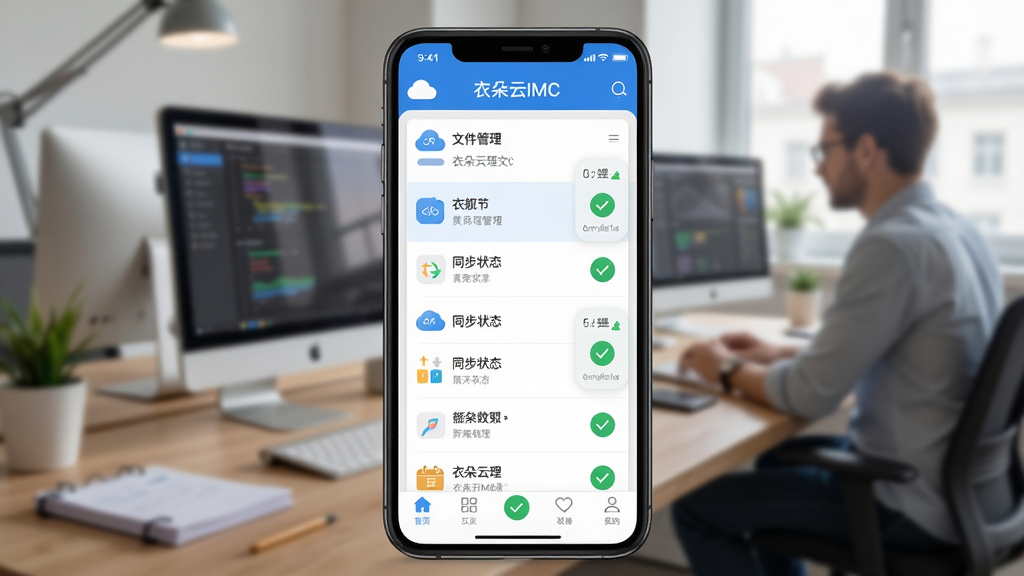 画面主体为衣朵云IMC软件在手机上的应用界面,展示文件管理列表与同步状态图标,背景为工作场景。布局采用手机屏幕特写,界面内容清晰可见。排版突出“衣朵云IMC”的顶部状态栏与底部导航栏。风格写实,光线柔和,细节包括云朵图标与绿色对勾,画质高清,无多余元素。