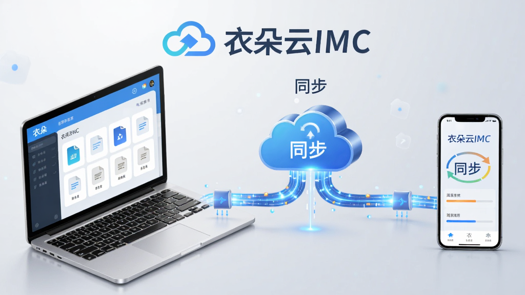 图片主体为衣朵云IMC软件在手机与电脑之间进行数据同步的场景,左侧是笔记本电脑,右侧是智能手机,两者通过发光的蓝色数据链路连接到中央的云服务器图标。布局采用左右平衡构图,云服务器位于视觉焦点。排版清晰,突出“衣朵云IMC”品牌标识与“同步”状态提示。风格偏向科技插画风,背景为干净的浅灰色渐变,细节包括文件图标和进度指示,画质精细,无多余元素。