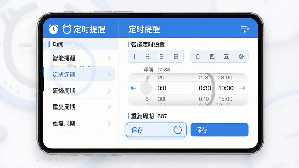 ���壺����ҩ�������ӡ�Ӧ�ý��棬��ʾ���ܶ�ʱ����ҳ�棬������ѡ������ʱ����ֺ��ظ�����ѡ����֣�������У�����ǹ����б����Ҳ�����ϸ������壬����ƽ�⡣�Ű棺�����ı�ǩ������������С���С�����ִ���ƽ����ƣ�������ɫ�������רҵ��ϸ�ڣ���Ļ���С���ʱ���ѡ����⡢ʱ��ͼ��͡����桱��ť��������ʾ�ؼ�ѡ����ʣ�������Ⱦ������ɾ����޶���Ԫ�ء�