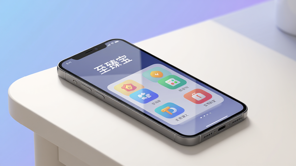 画面主体为一部正在运行至臻宝应用的智能手机,屏幕中清晰显示“至臻宝”三个字与多彩功能图标,手机斜放于浅色桌面,背景为柔和的渐变蓝紫色,布局居中,排版清爽,风格现代简约,细节包括屏幕反光与阴影效果,画质高清干净,无多余元素