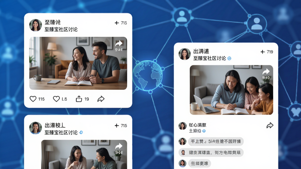 画面主体为至臻宝社区讨论界面,展示用户发布的图文动态和评论区,背景为抽象社交网络图形,布局为瀑布流样式,排版错落有致,风格时尚,细节包括点赞和分享图标,画质干净明亮,无多余元素