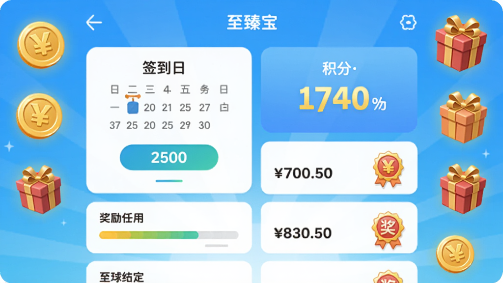 画面主体为至臻宝应用的任务中心界面,展示签到日历和积分数字,周围有金币和礼盒图标,布局以列表形式呈现,排版整齐,风格明亮卡通,细节包括进度条与奖励标识,画质清晰干净,无多余元素