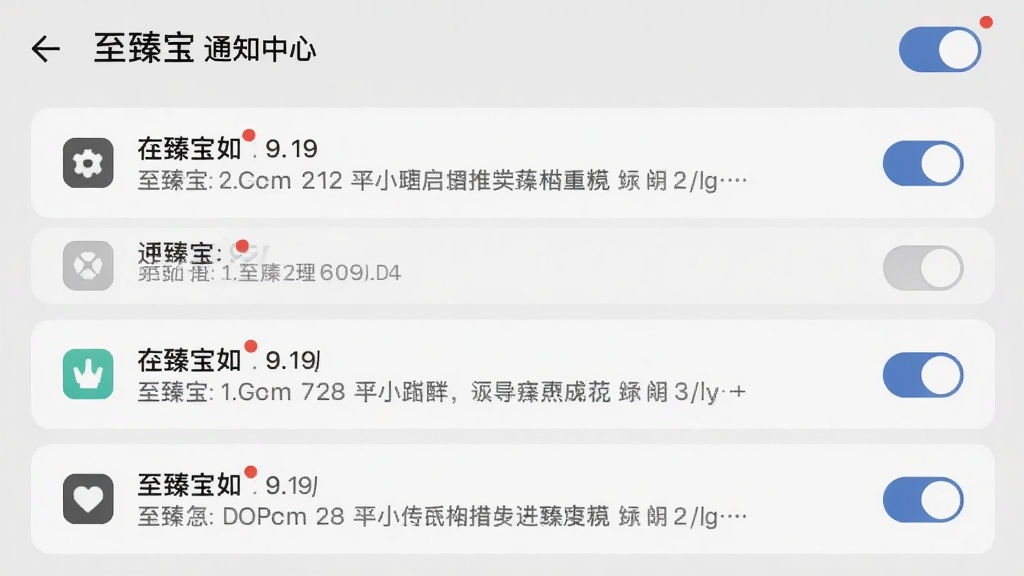 画面主体为至臻宝的消息通知中心界面,展示多条推送卡片,包含文字和图标,背景为浅灰色,布局为垂直列表,排版简洁,风格商务,细节包括未读红点和开关按钮,画质清晰细腻,无多余元素