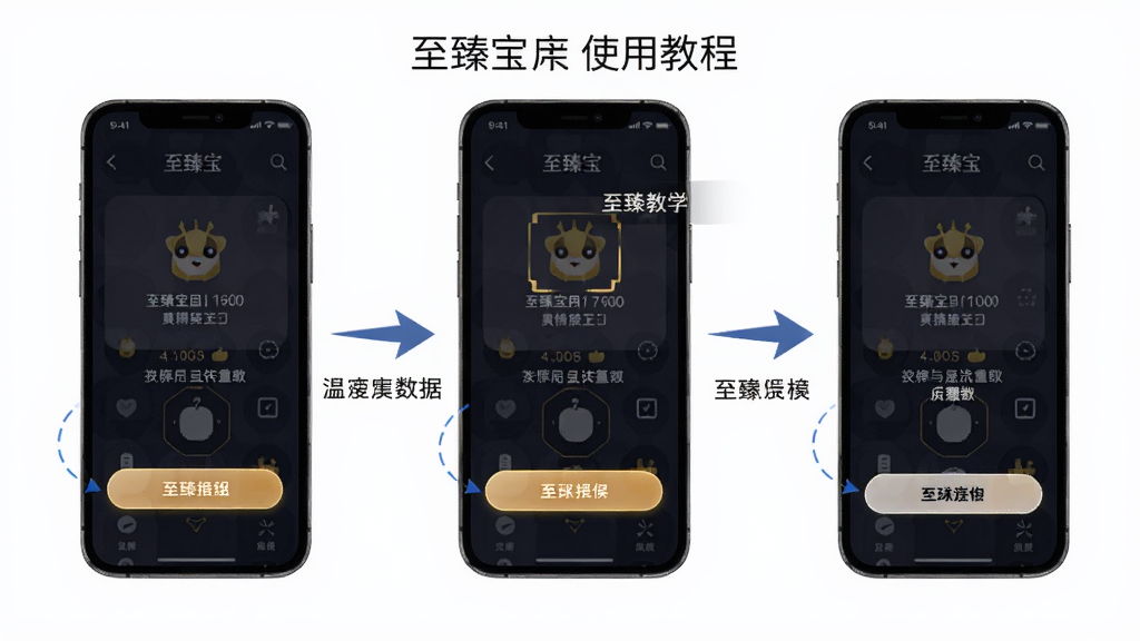 画面主体为至臻宝应用的使用教程步骤图,以手机屏幕为背景,叠加箭头和文字说明,布局为步骤流程图,排版清晰,风格简洁教学,细节包括高亮操作按钮,画质干净,无多余元素