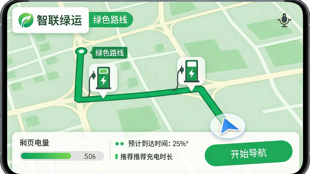 ���壺�ֻ���ͼ�������棬��ʾһ����ɫ���Ƽ�·�ߣ�;���������׮ͼ�꣬��ͼ�ϱ�ע�С��������ˡ���Logo�͡���ɫ·�ߡ���ǩ�����֣���ͼռ���������棬·��������Ŀ�����׮ͼ����е����ٷֱ���ʾ�����½��г�������ָʾ�����Ű棺�����࣬·������׮��ϢһĿ��Ȼ������Ϊ����ɫ�����ͼ����񣺱�ƽ����ͼ���ɫ�����죬��ɫ����ͻ����ϸ�ڣ�������ʾ��Ƭ��ʾԤ�Ƶ���ʱ�䡢ʣ��������Ƽ����ʱ�����ײ��С���ʼ��������ť�����ʣ��߷ֱ��ʣ��ɾ����޶���Ԫ�ء�