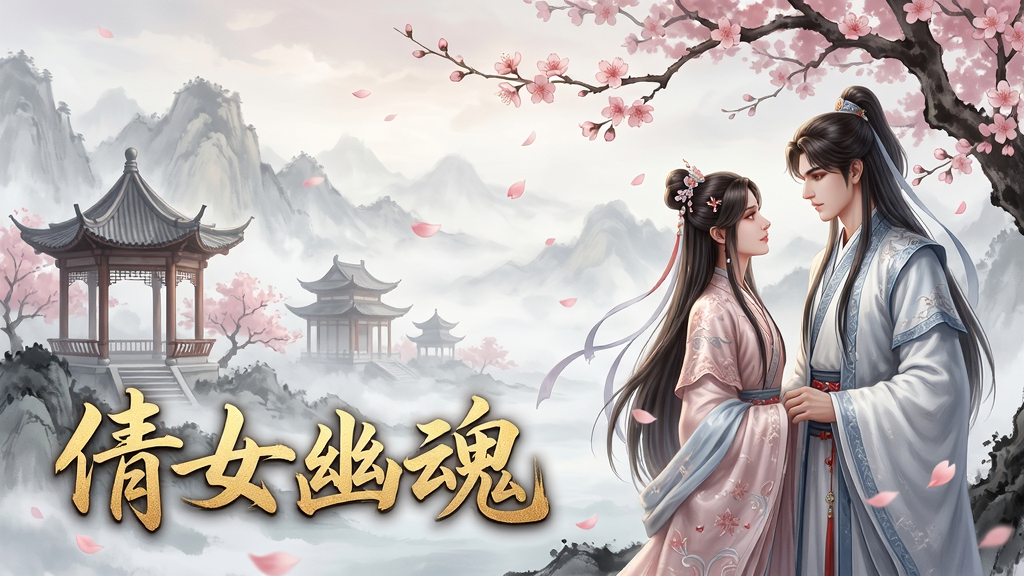 主体为《倩女幽魂》手游的唯美宣传海报,画面中央是古风装扮的男女主角在桃花树下相视而立,背景是云雾缭绕的古典亭台楼阁与远山。布局采用黄金分割构图,人物位于右侧三分之一处,左侧留白展现广阔场景。排版上,画面下方三分之一处有艺术字标题“倩女幽魂”,字体为金色行书。整体风格为东方玄幻水墨风,色彩淡雅,光影柔和,细节上人物服饰纹理清晰,花瓣飘落动态感强。画质为8K超高清,画面干净,无多余元素。