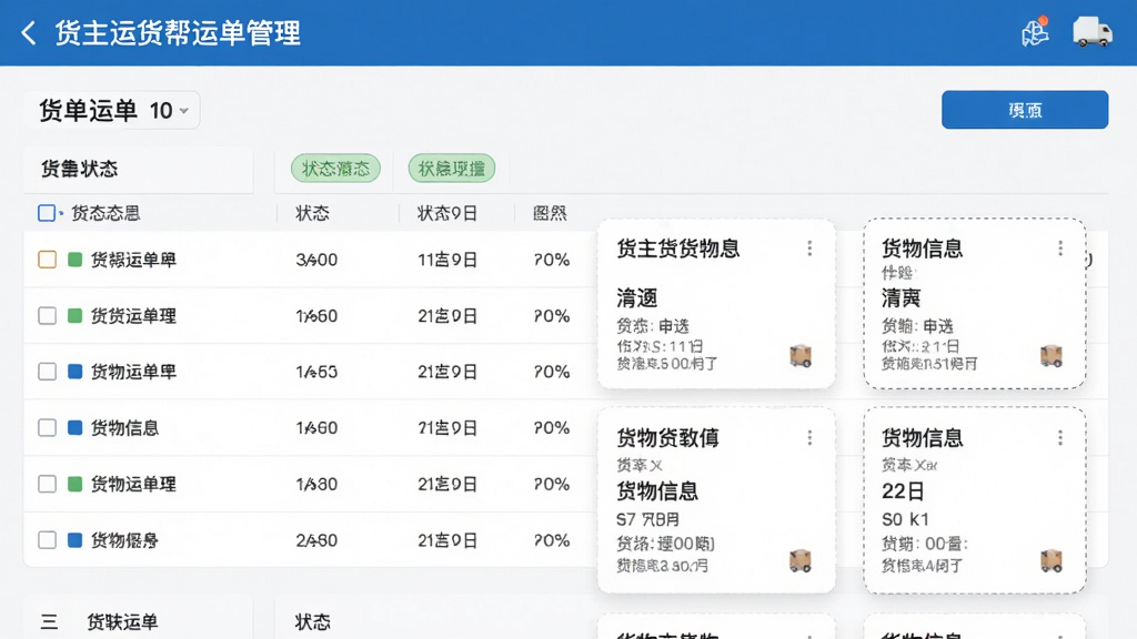 货主运货帮运单管理功能界面,显示运单列表、状态标签、货物信息卡片,排版整齐,信息层级分明,界面风格简洁商务,蓝色点缀,画质清晰