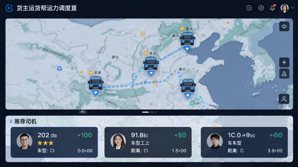 货主运货帮运力调度页面,地图上显示附近车辆图标,下方推荐司机卡片列表,包含评分、车型、距离信息,界面直观,地图与列表结合,风格科技现代