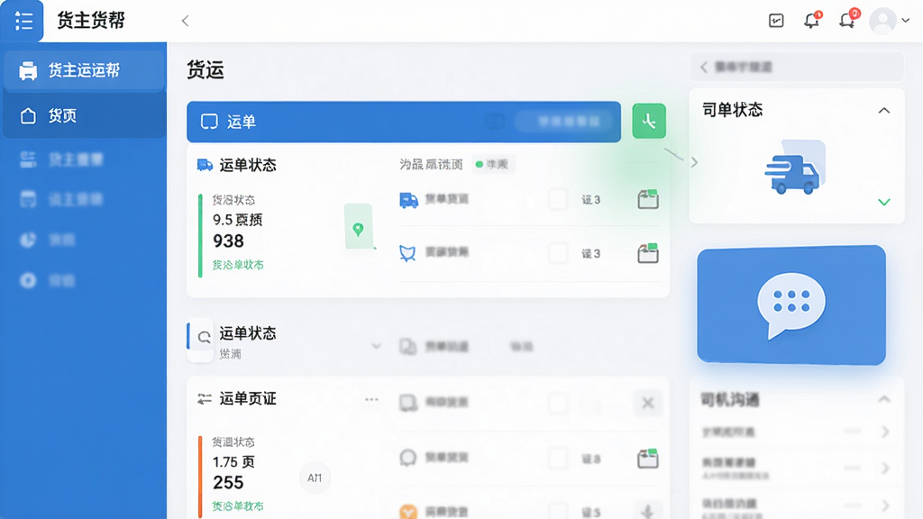 货主运货帮软件主界面预览图,展示货运列表、运单状态、司机沟通图标,布局清晰,现代扁平化风格,蓝白主色调,干净无多余元素,画质高清