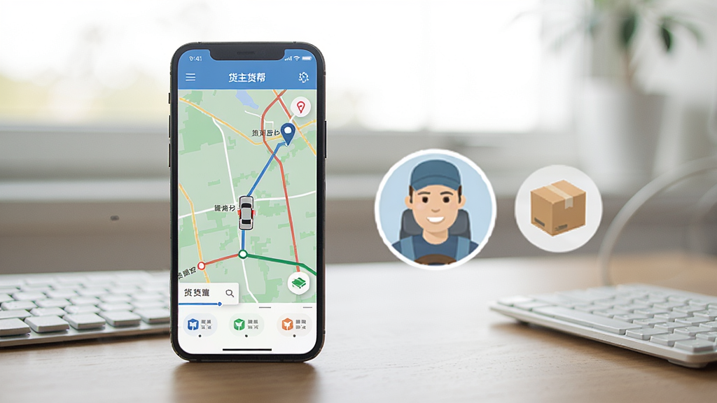 货主运货帮使用场景示意图,手机屏幕上显示货运地图与车辆位置,旁边有司机头像和货物图标,桌面环境,自然光,构图清晰,风格写实