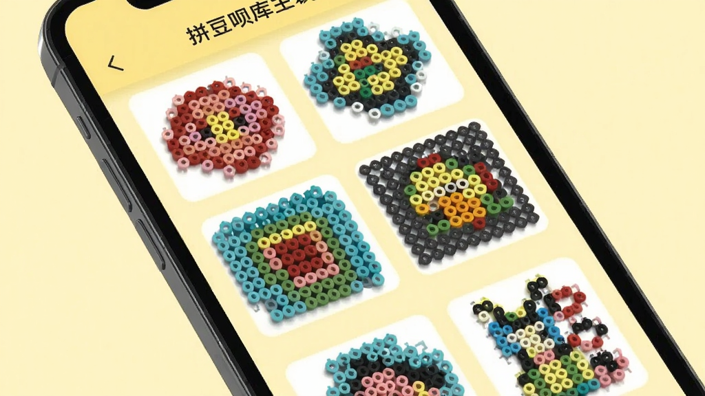 拼豆呗应用主界面展示,手机屏幕中显示拼豆图案库列表,上面有各种彩色拼豆图案缩略图,背景为淡黄色,风格简洁明亮,画质清晰,干净无多余元素