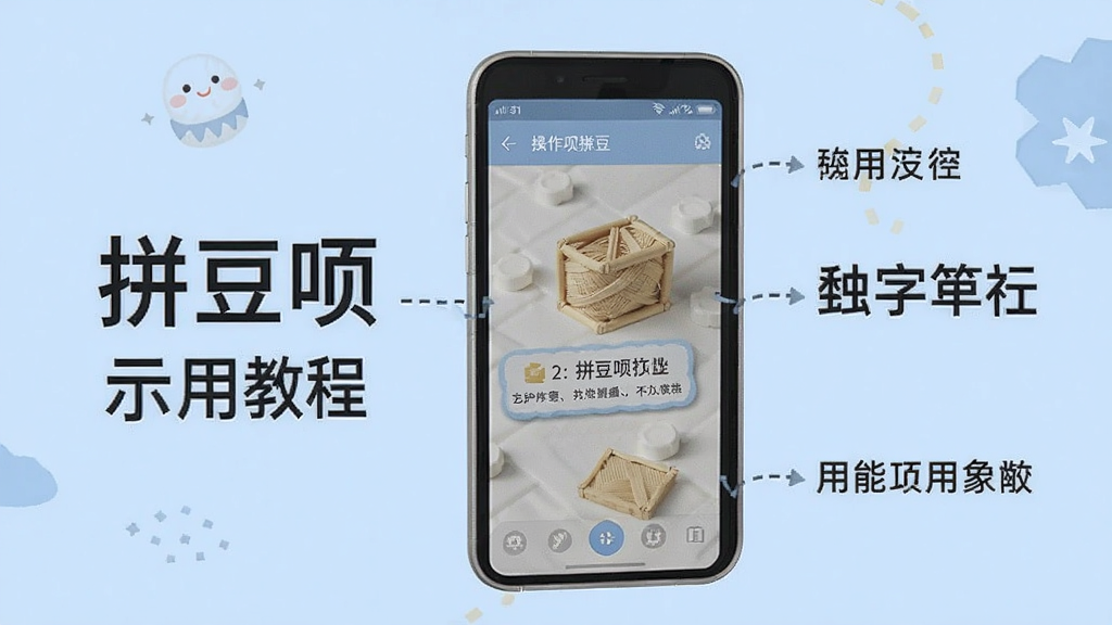 拼豆呗使用教程示意图,手机屏幕显示操作步骤,旁边有文字标注,背景为浅蓝色,风格简洁明了,画质清晰