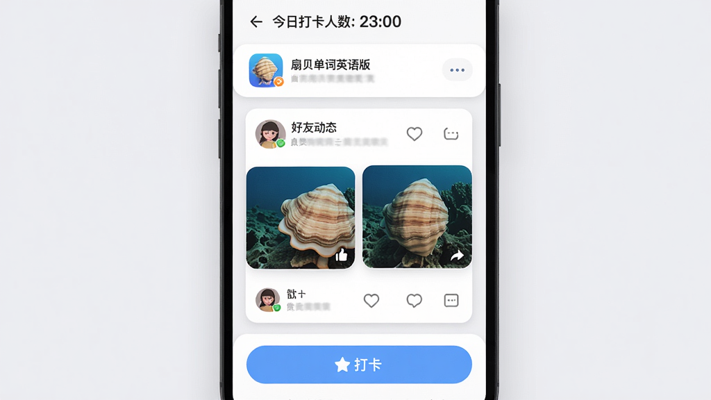 ����Ϊ���ȱ�����Ӣ��桱APP��������ҳ�棬����Ϊ���մ��������в�Ϊ���Ѷ�̬��Ƭ���ײ�Ϊ�򿨰�ť�����ֲ��ÿ�Ƭʽ�ٲ���������Ϊ����ɫ������������죬ϸ�ڰ������ޡ�����ͼ�꣬���ʸ��壬�ɾ��޶���Ԫ�ء�