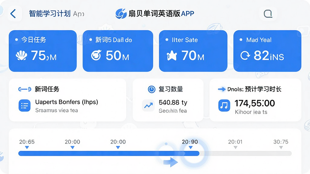 ͼƬ����Ϊ���ȱ�����Ӣ��桱APP������ѧϰ�ƻ�ҳ���ͼ��չʾ���������´���������ϰ�����Լ�Ԥ��ѧϰʱ��������Ϊ���½ṹ���Ϸ�Ϊͳ�����֣��·�Ϊʱ�����������������������԰�ɫΪ��ɫ������Ʒ����ɫ��׺��ϸ�ڰ���Сͼ��ͽ��ȶ��������ʸ��壬�ɾ��޶���Ԫ�ء�
