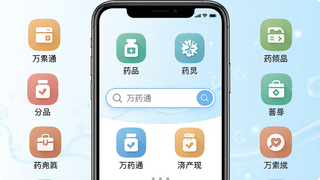 一张展示万药通App主界面的高清截图,画面中央是醒目的搜索框,周围环绕着药品分类图标,背景为白色与浅蓝色渐变,整体风格简洁现代,图标圆润,文字清晰,画质干净,无多余元素