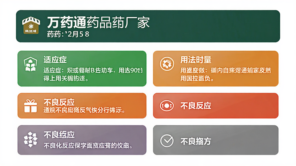 展示万药通药品详情页的界面设计,页面顶部显示药品名称和厂家,下方依次排列着适应症、用法用量、不良反应等模块,每个模块用不同颜色的图标区分,整体排版整齐,信息层次分明,背景为纯白色,画质清晰,无多余元素