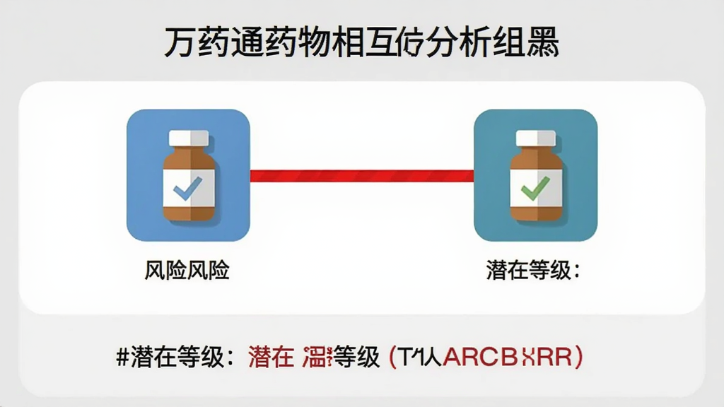 一张模拟万药通药物相互作用分析结果的界面截图,屏幕上有两种药品图标,中间用红色的警示线条连接,下方用文字标注潜在风险等级,背景为浅灰色,界面简洁,画质干净,无多余元素