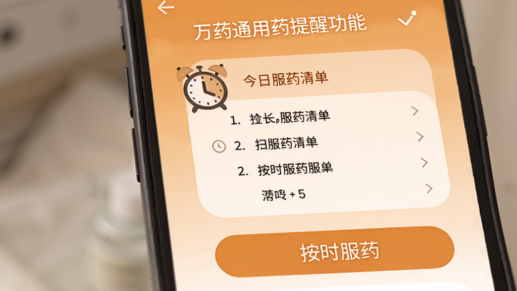 展示万药通用药提醒功能的界面,屏幕上有一个闹钟图标和今日服药清单,下方是按时服药的按钮,背景为温馨的橙色,界面简洁,画质干净,无多余元素
