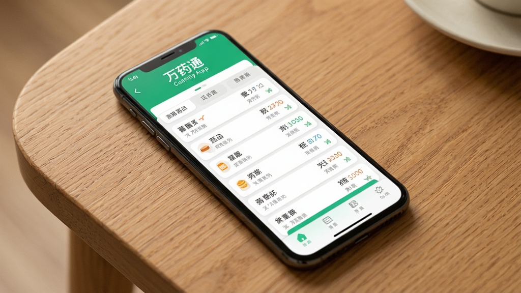 一张展示万药通App在手机上运行的实拍图,手机屏幕显示药品列表,背景为木桌,桌面干净,光线柔和,画质清晰,无多余元素