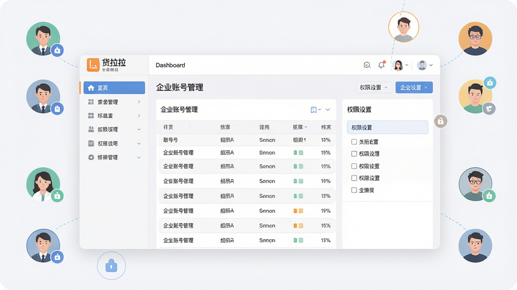 主体:货拉拉企业版企业管理后台界面,显示账号列表与权限设置选项;布局:后台页面居中,周围有员工头像和权限图标环绕;排版:页面框架清晰,左侧菜单栏,右侧内容区域;风格:扁平化商务风格,浅色背景;细节:屏幕中显示“企业账号管理”“权限设置”文字,界面包含表格数据;画质:高清,干净,无多余元素