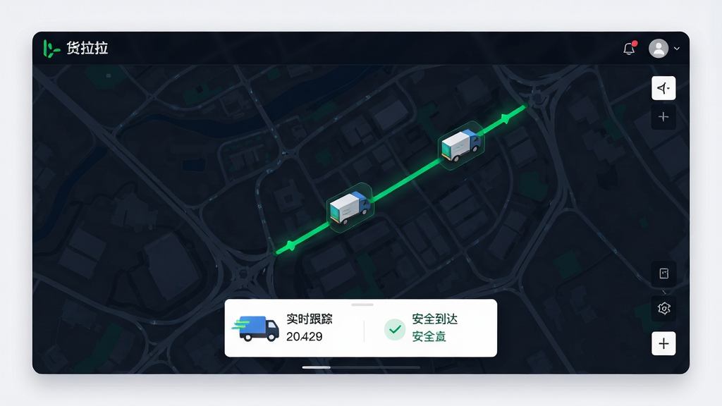 主体:货拉拉企业版行程监控界面,显示地图与车辆实时位置;布局:地图全屏显示,底部浮出车辆信息卡片;排版:地图居中,信息卡片浮于底部;风格:科技感风格,深色地图背景,绿色路线;细节:地图上有货车图标和移动轨迹,卡片显示“实时跟踪”“安全到达”文字;画质:高清,干净,无多余元素