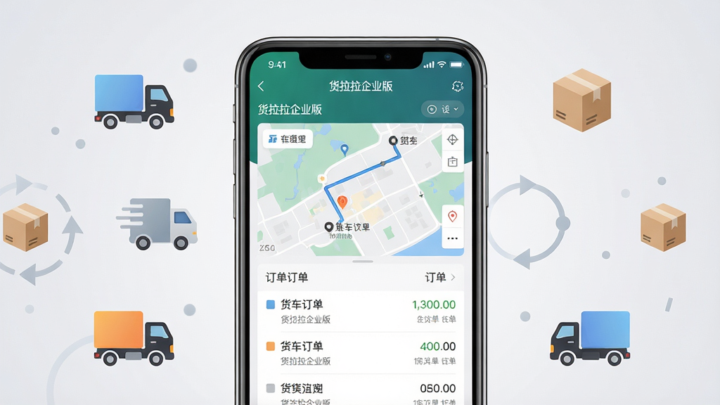 主体:货拉拉企业版APP界面展示,屏幕上显示货车运输管理界面与订单列表;布局:手机居中,屏幕内容清晰可见,周围有简洁的货运车辆图标和物流元素点缀;排版:手机位于画面中央,背景为浅灰色渐变,突出APP界面;风格:现代商务风格,简洁明亮;细节:屏幕中的文字显示“货拉拉企业版”字样,界面包含地图路线和订单数据;画质:高清渲染,干净,无多余元素