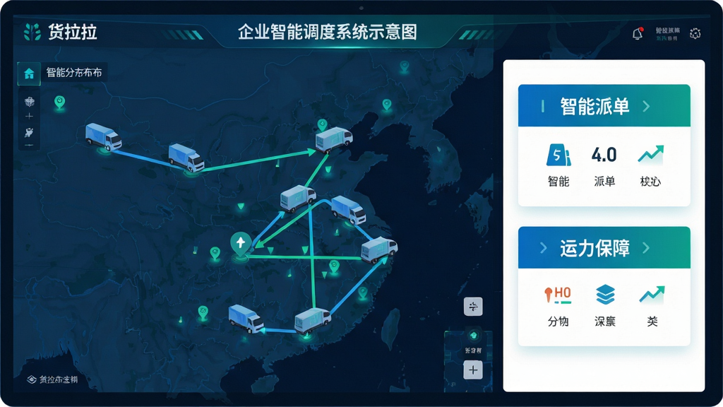 主体:货拉拉企业版智能调度系统示意图,屏幕上显示货车分布地图与派单流程;布局:左侧为地图与车辆标记,右侧为派单信息卡片;排版:信息分层清晰,地图占据主视觉;风格:科技感商务风,蓝绿色调为主;细节:地图上有货车图标和路线连线,卡片显示“智能派单”“运力保障”文字;画质:高清,干净,无多余元素