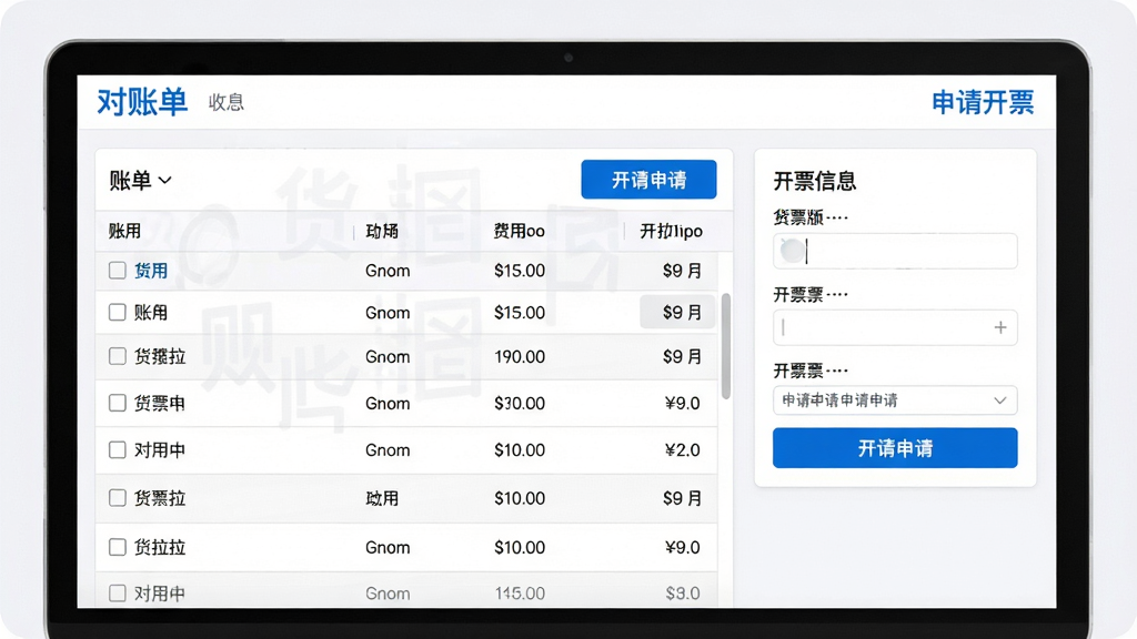 主体:货拉拉企业版财务对账界面,显示账单列表与开票申请按钮;布局:账单表格占据画面左侧,右侧为开票信息填写区域;排版:表格数据清晰,开票区域突出;风格:简洁商务风,白底蓝字;细节:屏幕显示“对账单”“申请开票”文字,表格中列出费用明细;画质:高清,干净,无多余元素