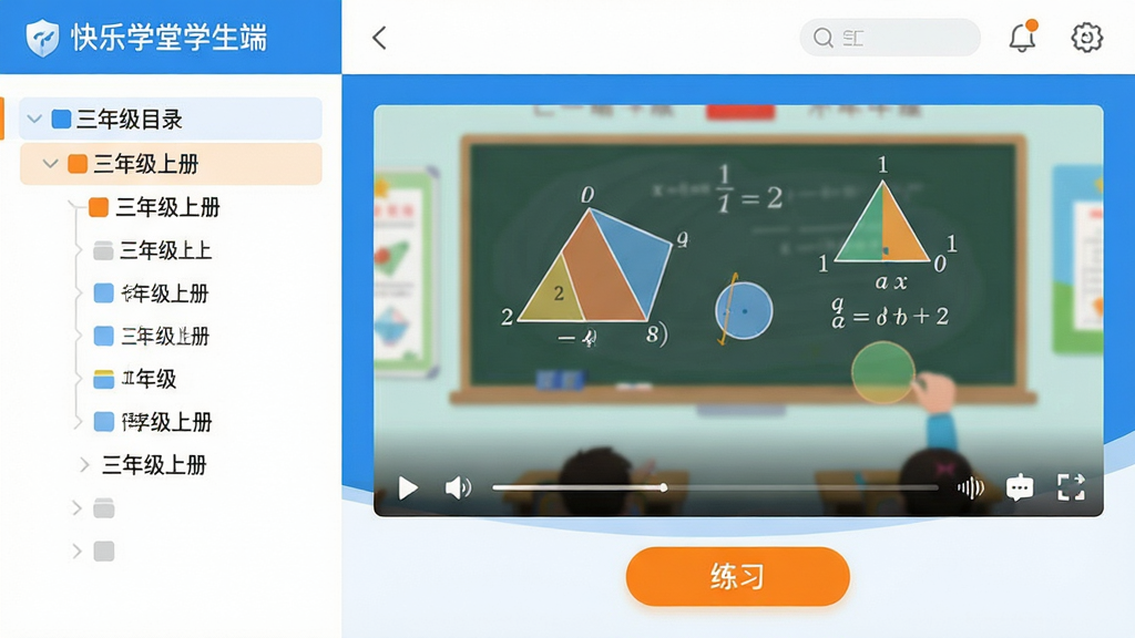 ��������Ϊ������ѧ��ѧ���ˡ���ͬ�����ý��棬����ǿα�Ŀ¼�����Ҳ��Ƕ���������Ƶ���ڣ��ײ��С���ϰ����ť������Ϊ���ҷ���������ɾ����ࡣ���Ϊ�ִ�����App������ƣ�ɫ��������Ϊ�������Գ�ɫ������ϸ���ϣ���Ƶ���ڲ�������ѧ����ͼ�ζ�����Ŀ¼����ʾ�����꼶�ϲᡱ�������������ɾ����޶���Ԫ�ء�