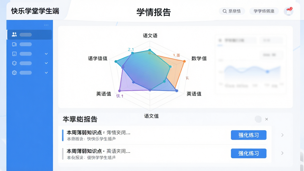 ��������Ϊ������ѧ��ѧ���ˡ���ѧ�鱨��ҳ�棬���״�ͼչʾ���ġ���ѧ��Ӣ���������ֵ���·��г������ܱ���֪ʶ�㡱�б�������Ϊ���ݿ����񣬶����С�ѧ�鱨�桱���⡣���Ϊ��Լ����磬��ɫ���ɫ���䡣ϸ���ϣ��״�ͼ��ɫ���䣬�б����С�ǿ����ϰ����ť�������������ɾ����޶���Ԫ�ء�