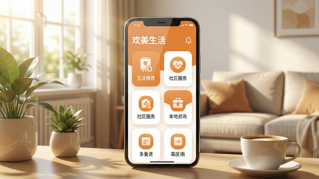 主体:欢美生活APP界面展示,手机屏幕显示“欢美生活”主界面,包含生活缴费、社区服务、本地资讯等模块图标,背景为温馨的居家客厅场景,阳光透过窗户洒落。布局:手机居中,界面清晰,图标排列整齐,周围有绿色植物和咖啡杯点缀。排版:界面采用卡片式布局,图标下方有中文标签,色彩以暖橙色和白色为主。风格:清新自然,现代简约,带有生活气息。细节:手机屏幕反光自然,图标圆润,文字清晰,场景干净整洁。画质:高清渲染,细节丰富,画面干净无多余元素。
