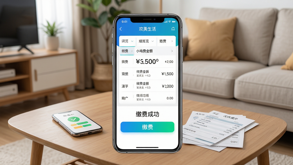 主体:欢美生活APP缴费功能界面,手机屏幕显示水电燃气缴费页面,包含缴费金额、缴费按钮和成功提示。布局:手机居中,背景为简洁的客厅,茶几上有手机和账单。排版:界面采用列表式布局,金额突出显示,按钮色彩鲜明。风格:清爽商务,注重功能性。细节:屏幕中显示“缴费成功”字样,周围有家庭温馨装饰。画质:超清画质,细节真实,画面干净。