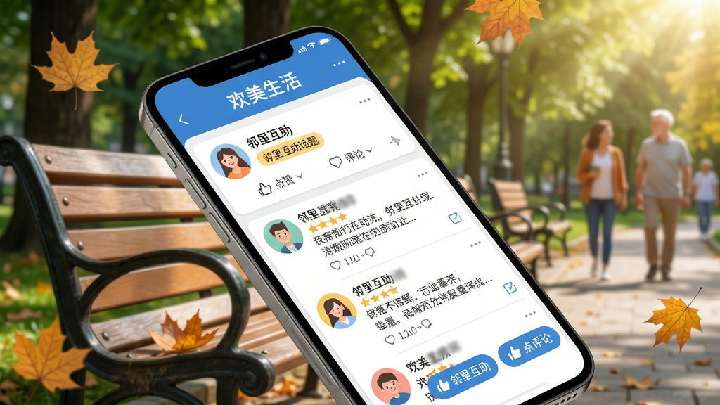 主体:欢美生活APP社区互动界面,手机屏幕显示社区帖子列表,包含用户头像、动态内容和点赞评论按钮。布局:手机斜放,背景是公园长椅和绿树,有居民在散步。排版:信息流式布局,头像圆形,文字清晰。风格:轻松活泼,社交感强。细节:屏幕中显示“邻里互助”话题标签,周围有落叶和阳光。画质:高清,色彩自然,画面干净无杂物。