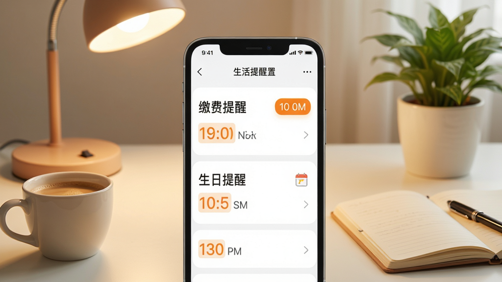 主体:欢美生活APP使用场景,手机屏幕显示生活提醒设置页面,背景是整洁的书桌,有台灯和笔记本。布局:手机放在桌面,屏幕清晰,周围有咖啡杯和绿植。排版:界面以列表形式展示提醒事项,时间用橙色高亮。风格:温馨实用,生活化。细节:屏幕中显示“缴费提醒”和“生日提醒”,背景柔和。画质:高清,细节丰富,画面干净。