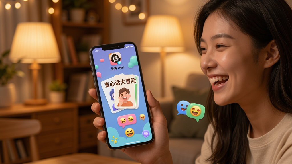 ��λ�������ֻ�ǰ���ĵ����죬�ֻ���Ļ��ʾ��÷App�Ļ���С��Ϸ���棬�������С����Ļ���ð�ա��Ŀ�Ƭ�Ͳ�ɫ���ݱ��顣��������ܰ�����ڻ�����ůɫ���ƹ⣬���������Ȼ��������ã�ͻ����÷App��Ȥζ�ԣ�����������
