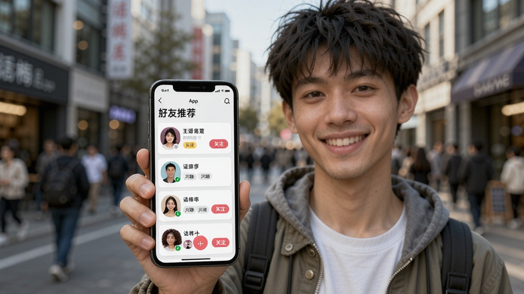 һλ�������ֳֻ�÷App����Ļ��ʾ�����Ƽ�ҳ�棬ҳ�����ж���û���Ƭ����Ƭ����ʾͷ���ǳơ���Ȥ��ǩ�͡���ע����ť��������ģ���ĳ��н־����������΢Ц�����������������Ȼ��ͻ����÷App���罻���ܣ�����������