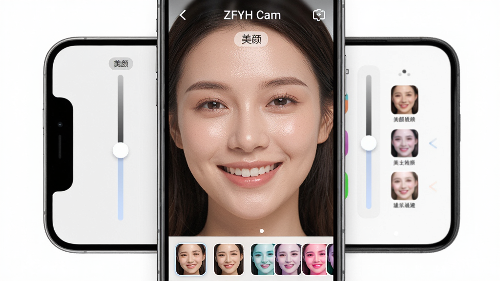 主体:ZFYH Cam软件的人像美颜功能界面,手机屏幕展示一位微笑的女性面部,旁边有美颜级别滑杆和滤镜选择条。布局:手机居中,界面简洁,滤镜以缩略图形式排列在底部。排版:屏幕上有“ZFYH Cam”字样和“美颜”标签,滑杆清晰可见。风格:清新自然,突出皮肤质感。细节:面部细节柔和,滤镜预览小图色彩丰富。画质:高清、干净、无多余元素。