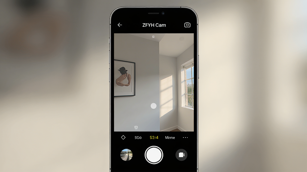 主体:一款名为“ZFYH Cam”的智能手机摄像应用界面,屏幕中显示拍摄预览画面,下方有拍摄按钮和功能图标。布局:手机居中,界面清晰展示,周围配以柔和的光影效果。排版:手机屏幕内显示“ZFYH Cam”字样和简洁的拍摄界面元素,风格现代。细节:画面干净,色彩自然,突出软件的实用与专业感。画质:高清、干净、无多余元素。