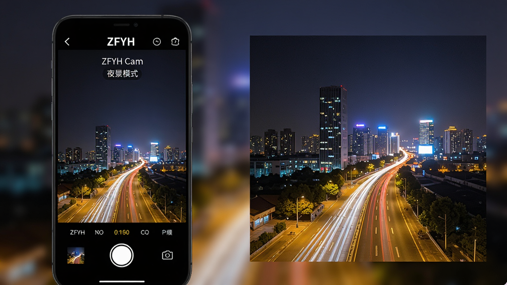 主体:ZFYH Cam软件在夜间模式下拍摄城市夜景的场景,手机屏幕显示灯火璀璨的画面。布局:手机位于画面左侧,右侧为放大的夜景样张对比图。排版:屏幕上有“ZFYH Cam”字样和“夜景模式”标签,样张明亮清晰。风格:写实,突出降噪和细节保留能力。细节:画面纯净无噪点,色彩鲜艳,画质细腻。画质:高清、干净、无多余元素。