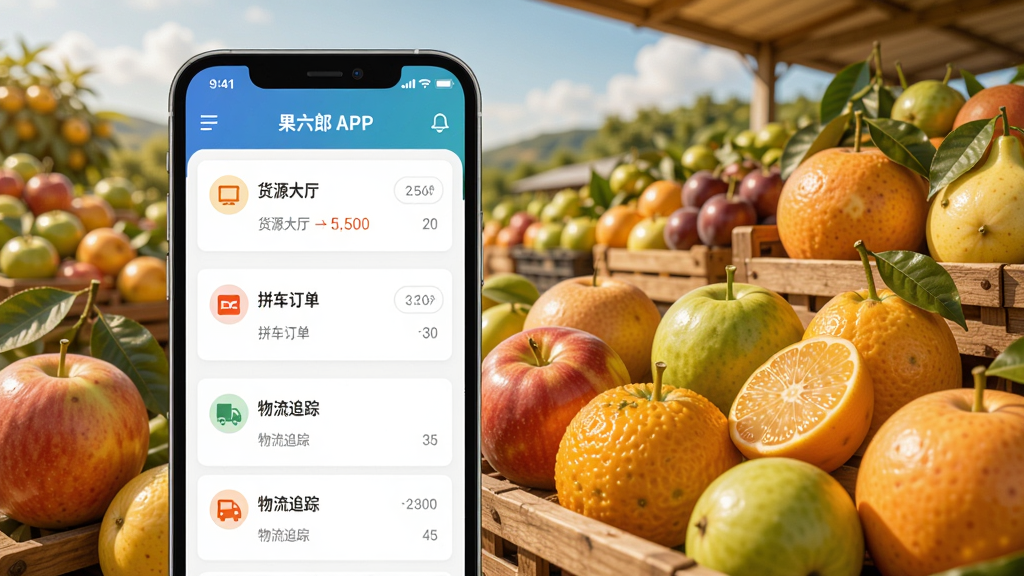 果六郎APP主界面展示,手机屏幕中显示供应链管理功能列表,包含货源大厅、拼车订单、物流追踪等模块,背景为新鲜水果丰收场景,色彩明亮,界面简洁现代,扁平化设计风格,高清渲染,细节丰富,干净无多余元素