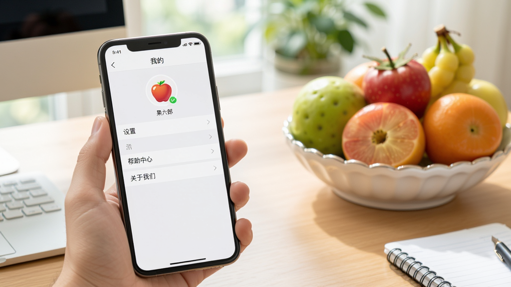 果六郎使用指南教程配图,画面为智能手机屏幕显示果六郎APP的“我的”页面,包含设置、帮助中心、关于我们等选项,背景为办公桌,旁边有水果盘,明亮色调,清晰自然,干净无多余元素