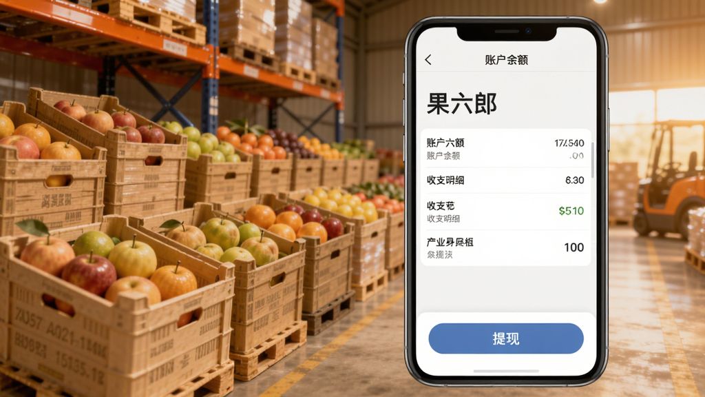 果六郎结算功能界面,手机屏幕显示账户余额、收支明细、提现按钮,背景为仓库中整齐摆放的水果箱,色调温暖,界面简洁,突出数字与按钮,高清渲染,干净无多余元素