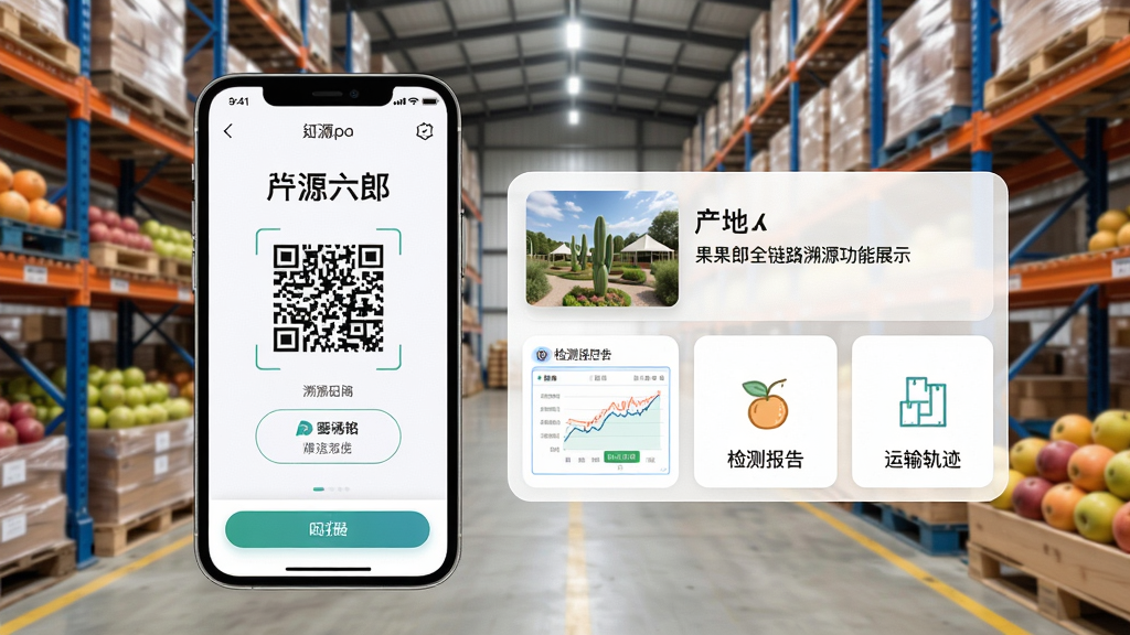 果六郎全链路溯源功能展示,手机界面显示溯源码扫描结果,包含产地照片、检测报告、运输轨迹等卡片信息,背景为水果仓库实景,画面清晰明亮,界面UI精致,现代感强,干净无多余元素