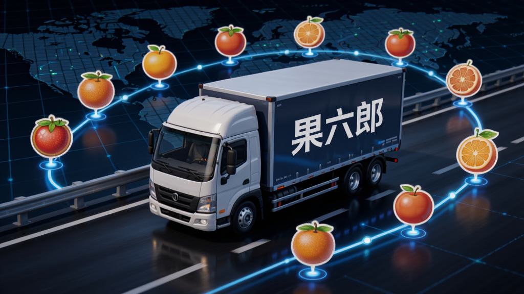 果六郎智能拼车功能示意图,画面中央是一辆货车行驶在高速公路上,车身上有“果六郎”字样,周围环绕着不同产地的水果图标,路线以发光线条连接,背景为地图网格,科技感十足,高清渲染,细节清晰,干净无多余元素