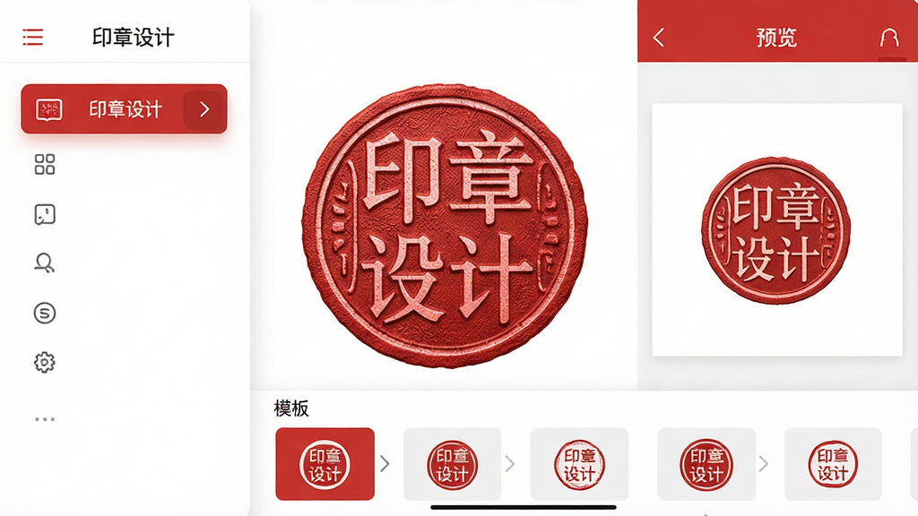 主体:一款名为“印章设计”的手机应用界面,居中展示一枚红色圆形公章成品;布局:左侧为工具栏,右侧为预览区,下方为模板选择栏;排版:界面简洁,图标清晰,文字标注“印章设计”字样;风格:扁平化现代UI设计,柔和光影;细节:印章纹理清晰,字体端庄,界面有红白主色调;画质:高清渲染,干净,无多余元素
